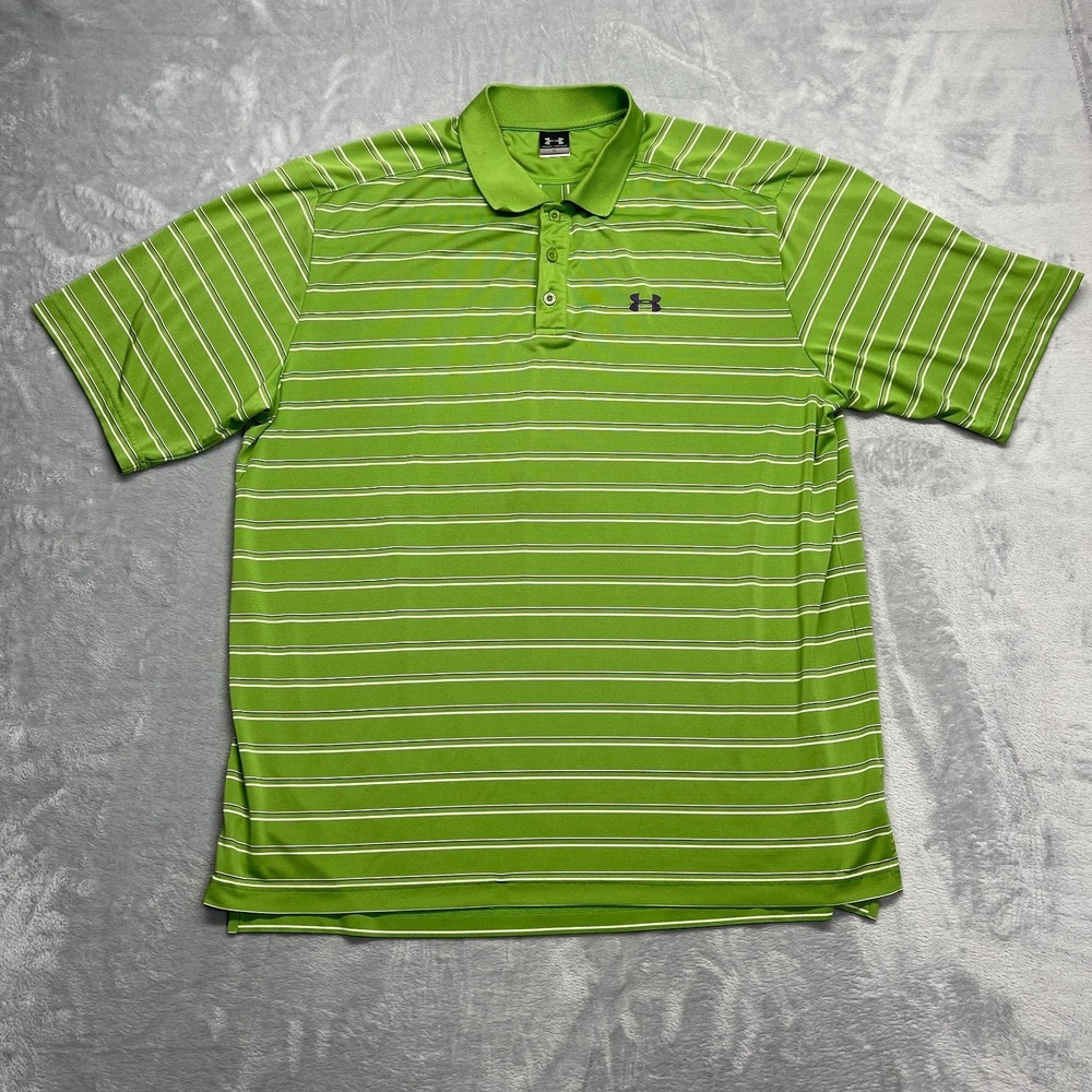 Under Armour Polo Shirt Mens XL Lime Green Striped Short Sleeve Golf Performance